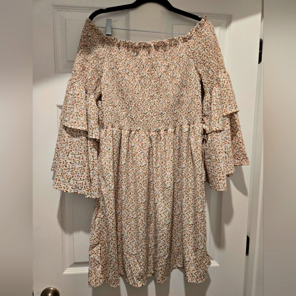 Shein Off the Shoulder, Smocked, Tiny Floral Bell Sleeve mini Flare Dress, 0XL